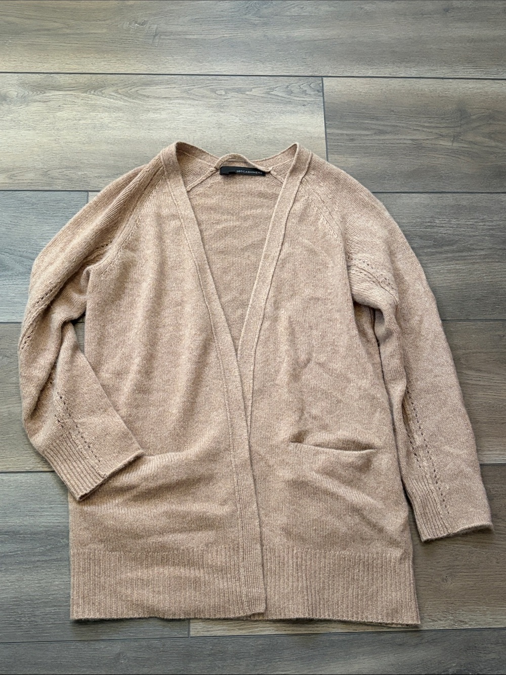 360 Cashmere Open-Front Cardigan in Light Taupe
